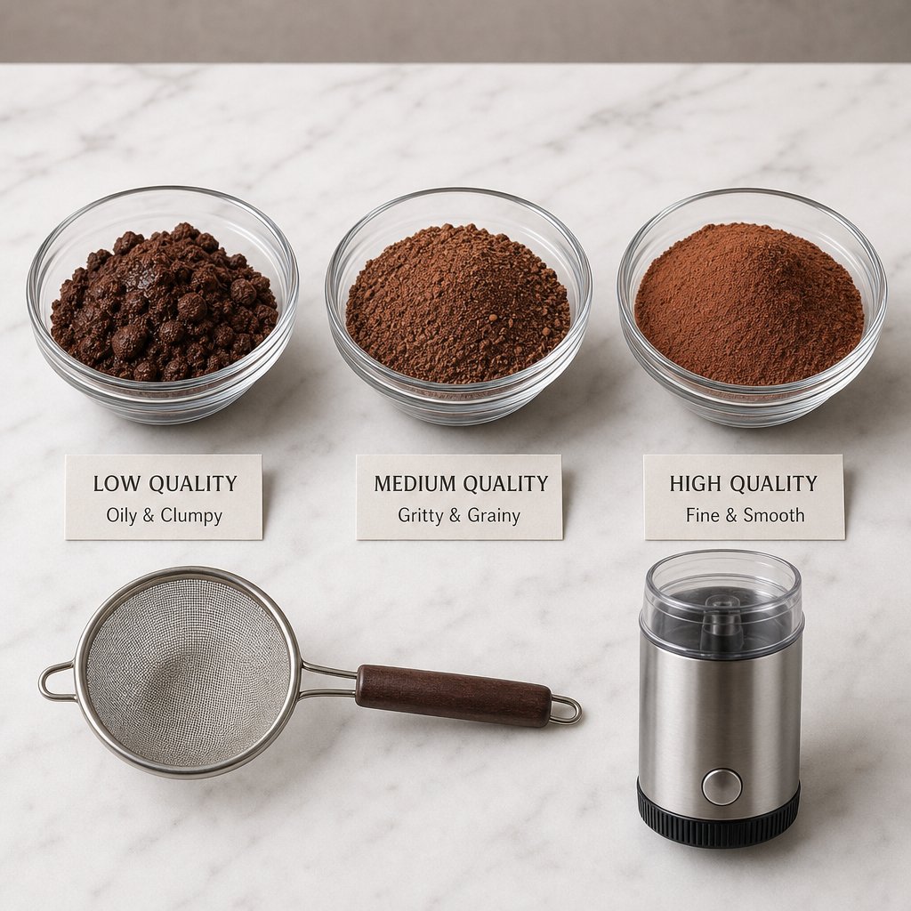 comparing cacao powder textures from oily and gritty to perfectly milled