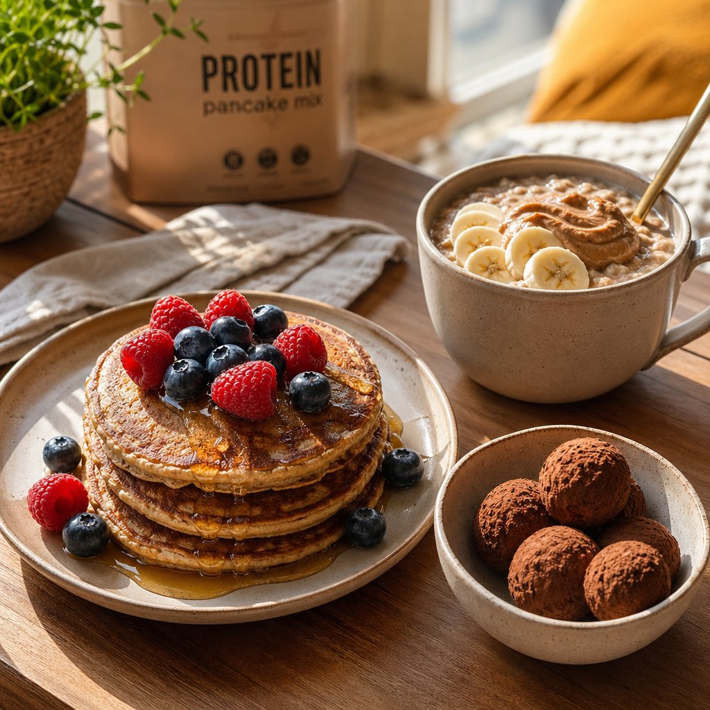 protein packed breakfast options including golden pancakes energy balls and oatmeal made with protein powder