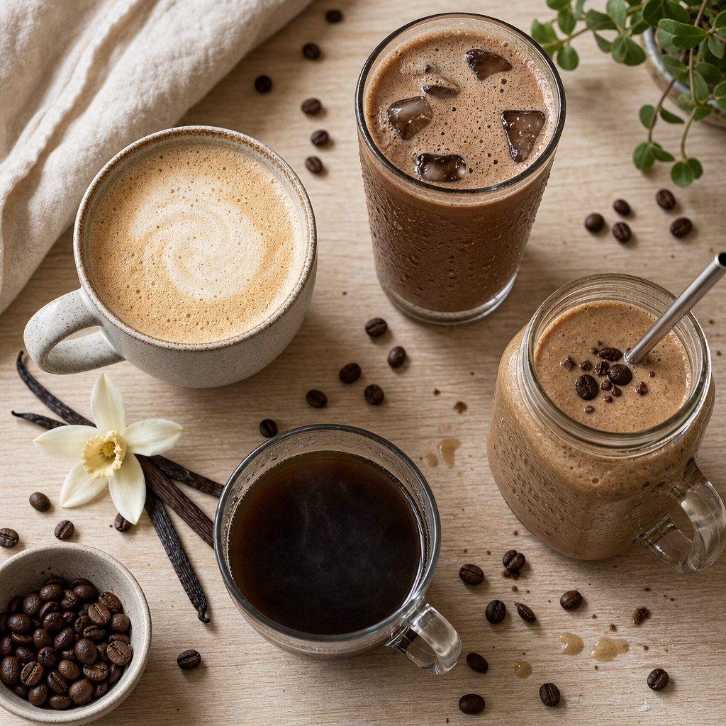 four protein coffee recipes ranging from vanilla latte to mocha shake offer variety for different taste preferences