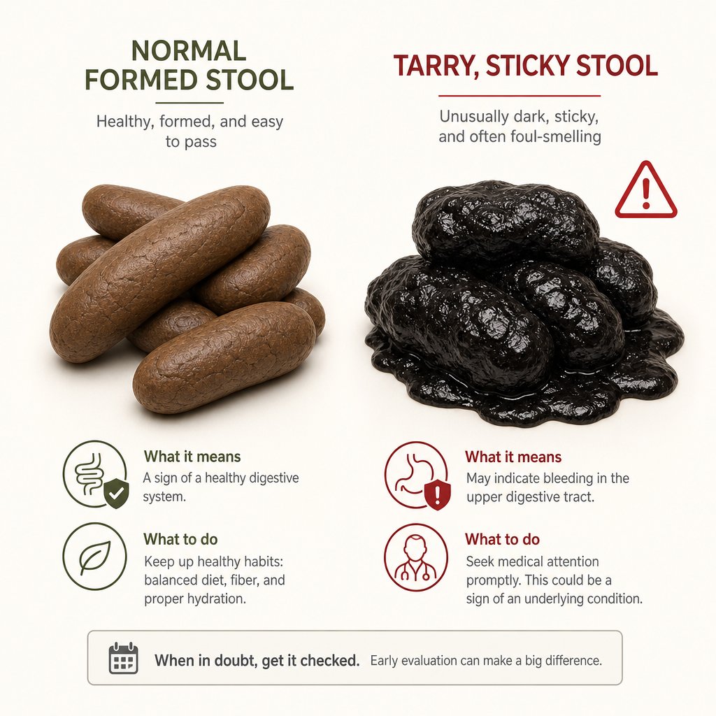 normal iron darkened stool is formed and non sticky while melena from bleeding is tarry and adhesive