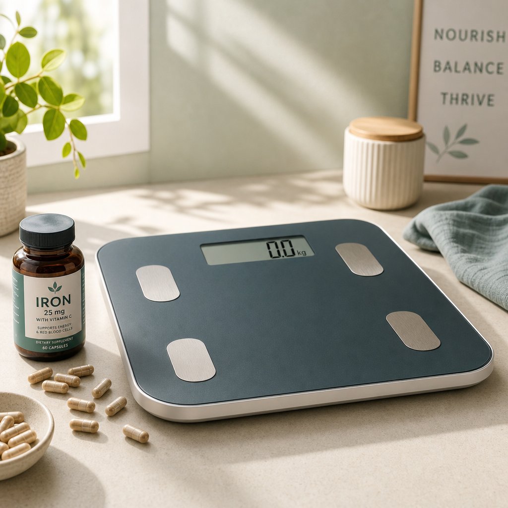 iron tablets and a bathroom scale representing the common concern about weight changes during iron supplementation