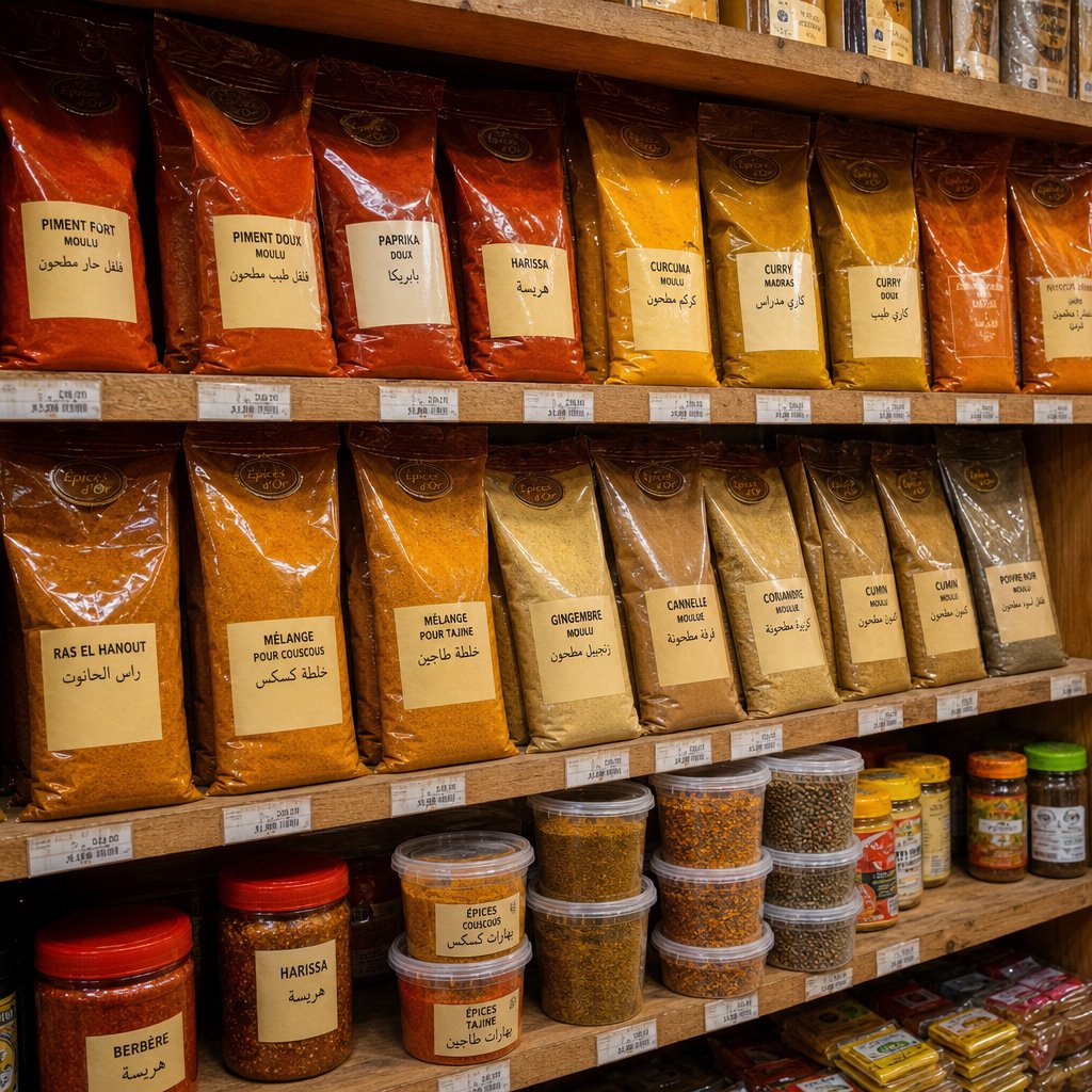 shelves of turmeric and spice varieties at an ethnic grocery store offering fresh options at affordable prices