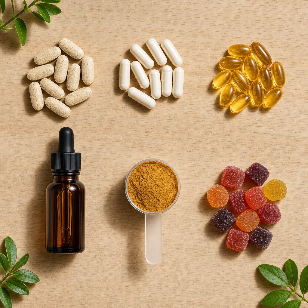 visual comparison of turmeric supplement formats including tablets capsules softgels liquid powder and gummies