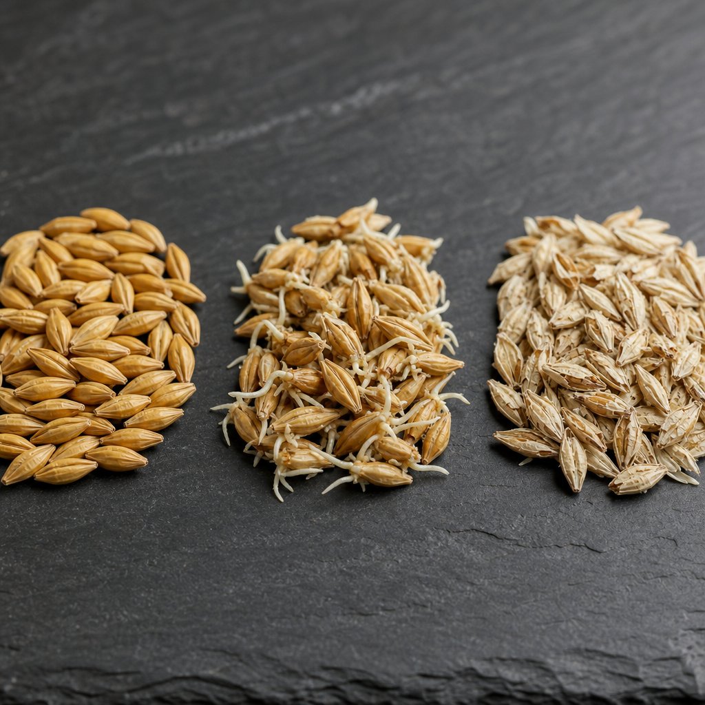 barley grains progressing through the malting stages from raw kernels to sprouted grain ready for drying