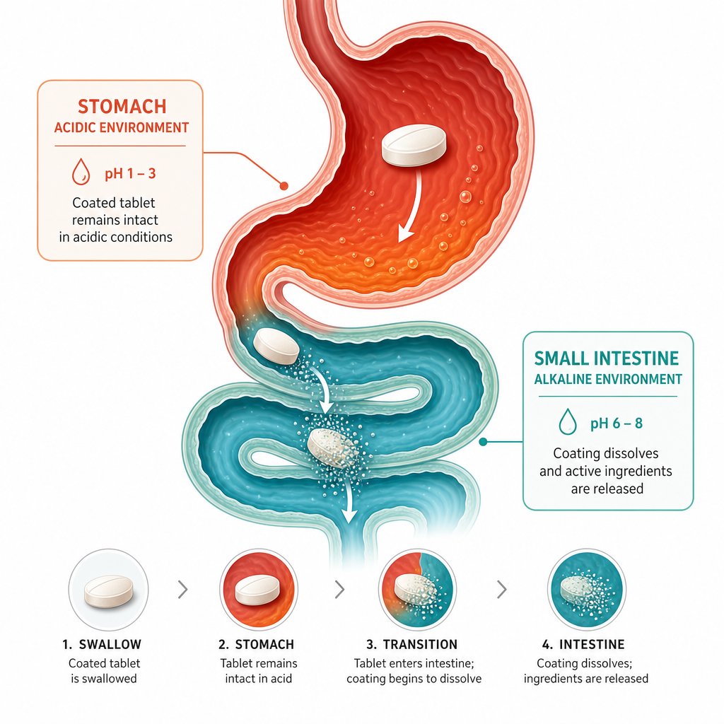 enteric coating remains intact in the acidic stomach and dissolves only in the alkaline intestine