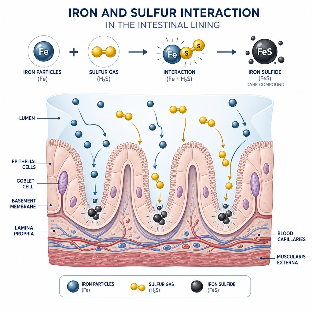 unabsorbed iron reacts with hydrogen sulfide in the gut to form black iron sulfide