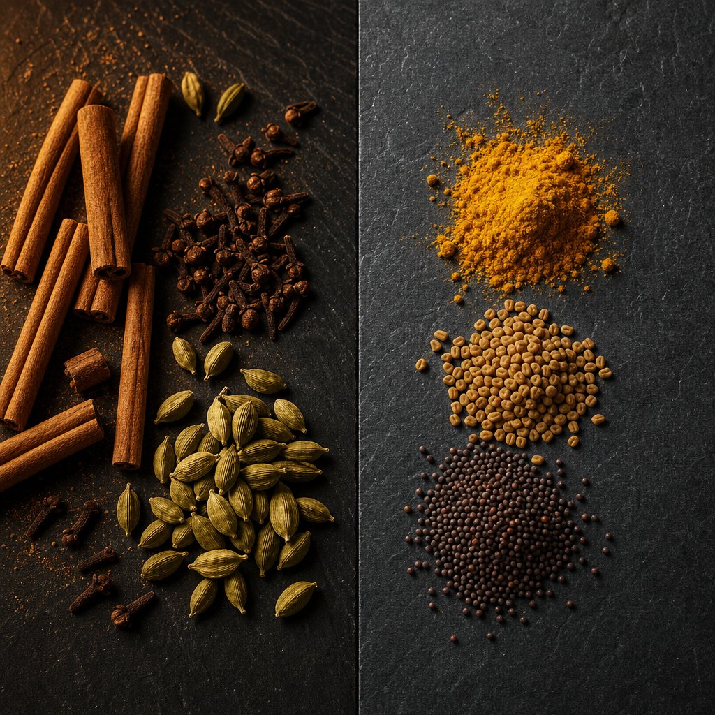 warming spices of garam masala versus the earthy spices that define curry powder