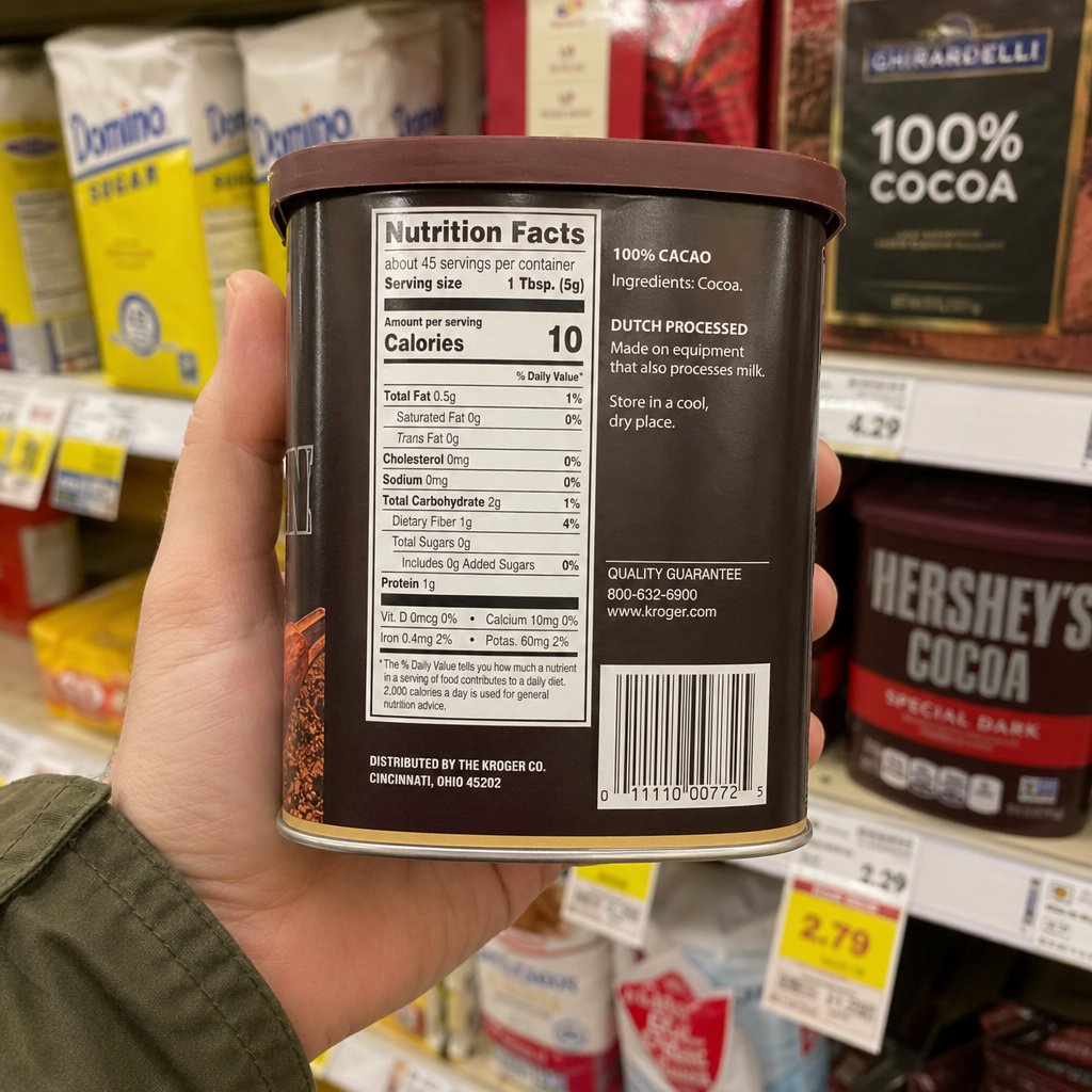 checking the ingredient list on a cocoa canister for the alkali processing note