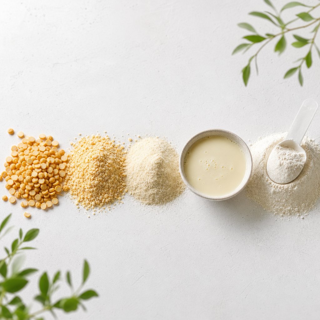 yellow split peas at various stages of processing from whole crop to finished pea protein powder