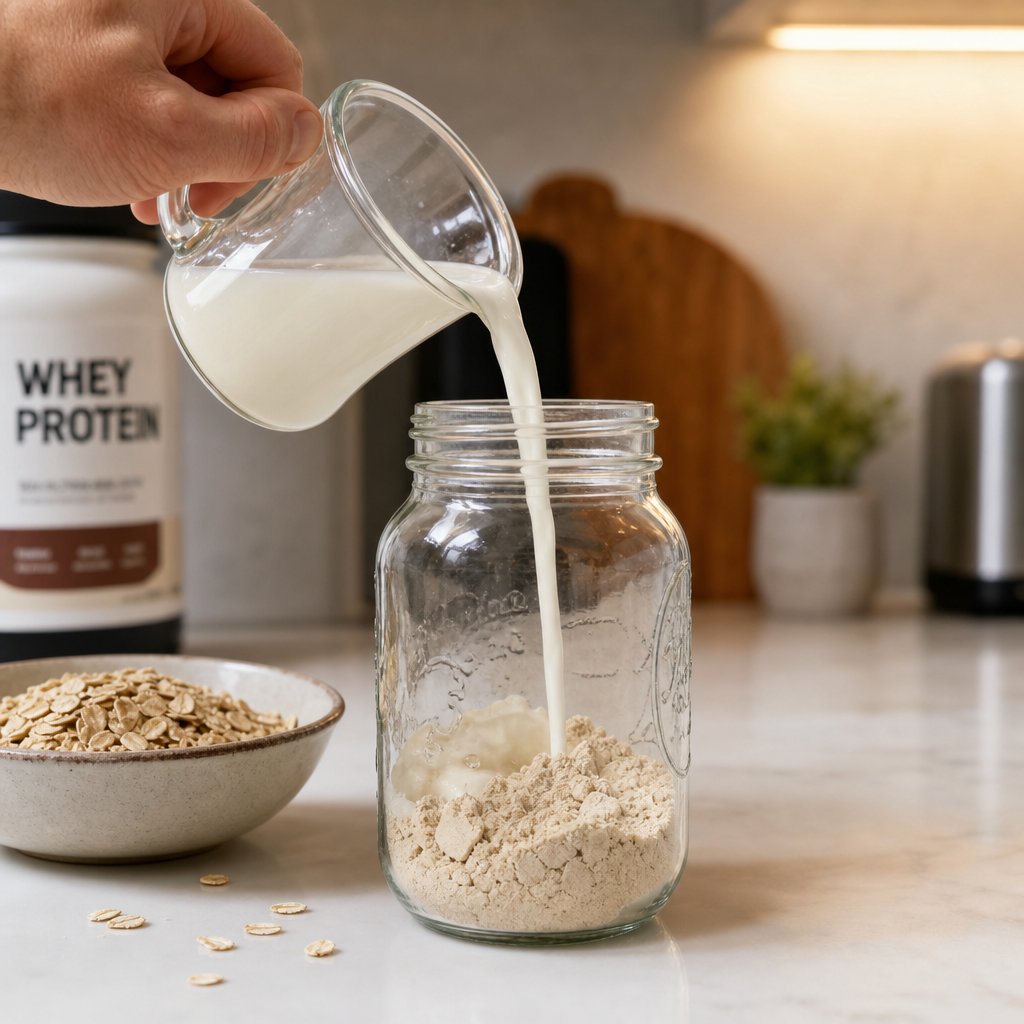 adding liquid before protein powder and oats ensures the correct ratio for creamy results