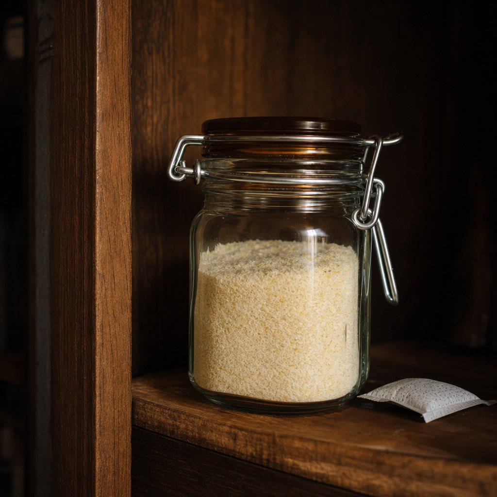 proper onion powder storage in an airtight dark glass jar with desiccant to maintain freshness and prevent clumping