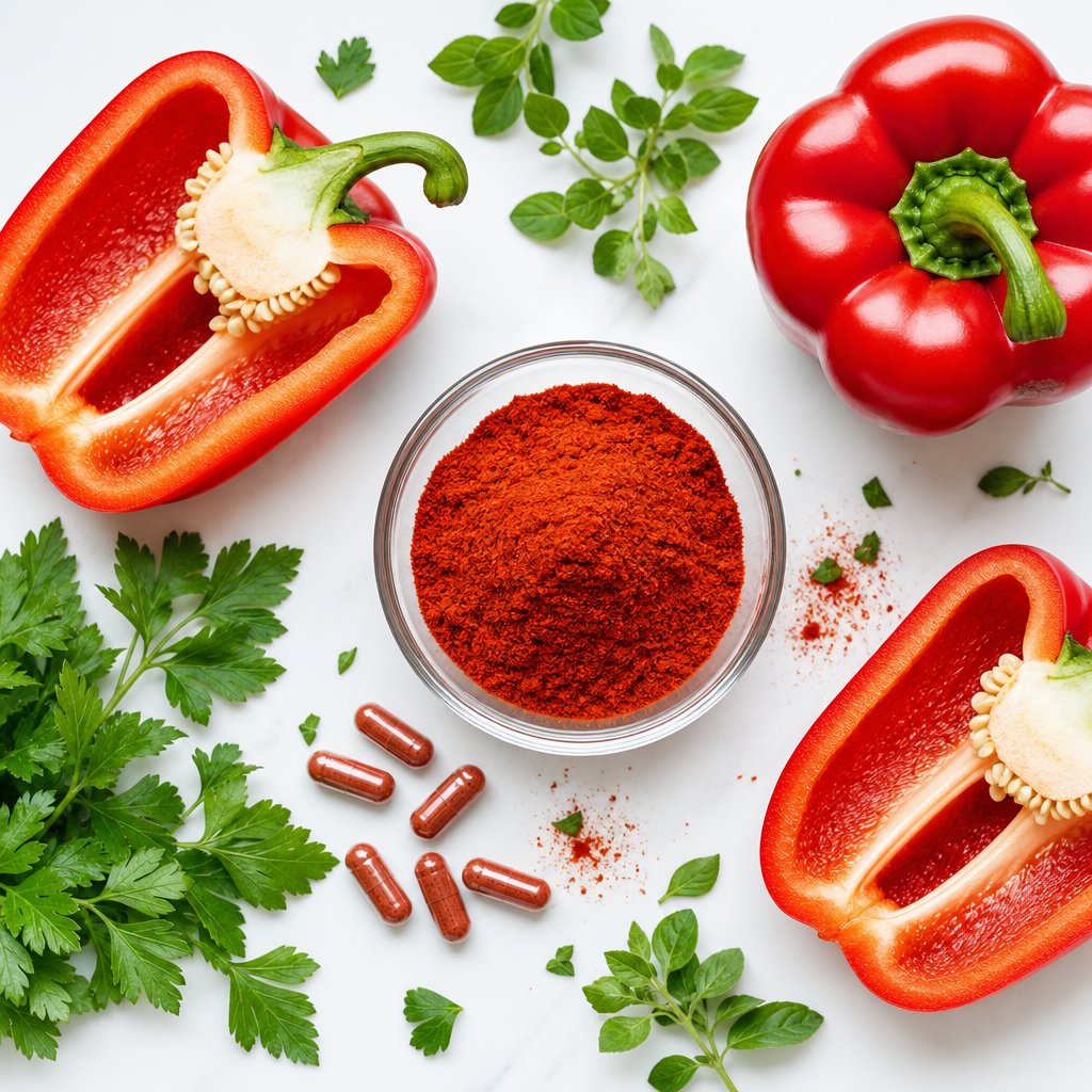 paprika powder alongside fresh peppers and supplement capsules representing its culinary and nutritional value