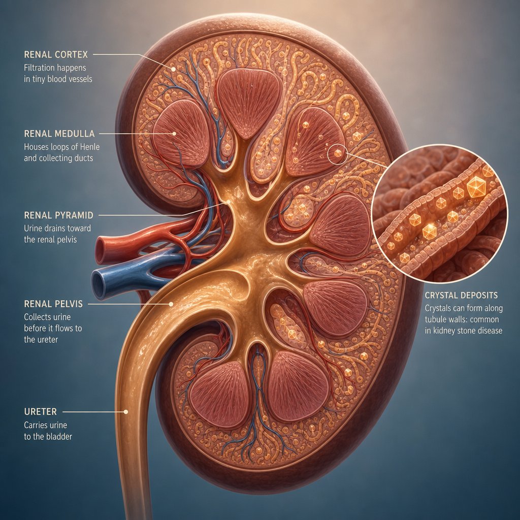 calcium oxalate crystals form in the kidneys when urine becomes supersaturated with minerals