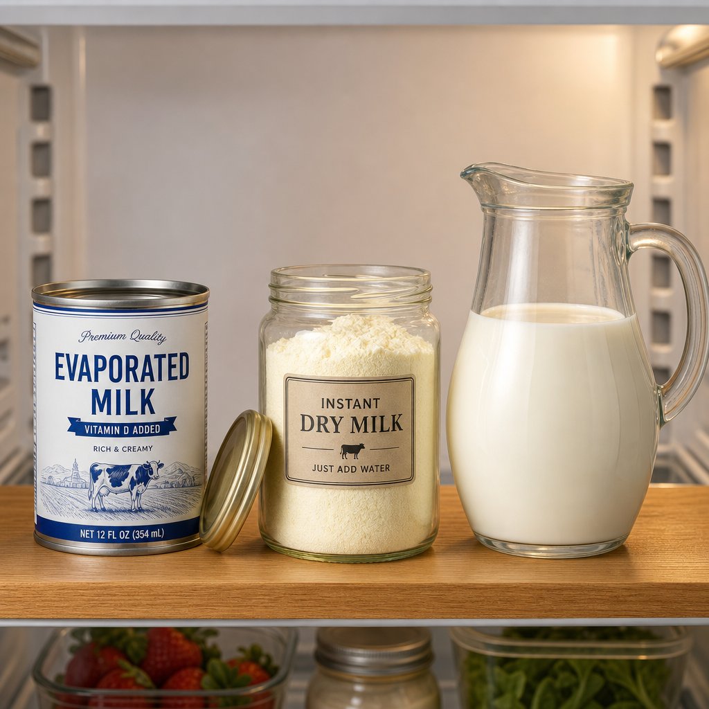 three stages of powdered milk lifecycle from sealed container to opened jar to reconstituted liquid