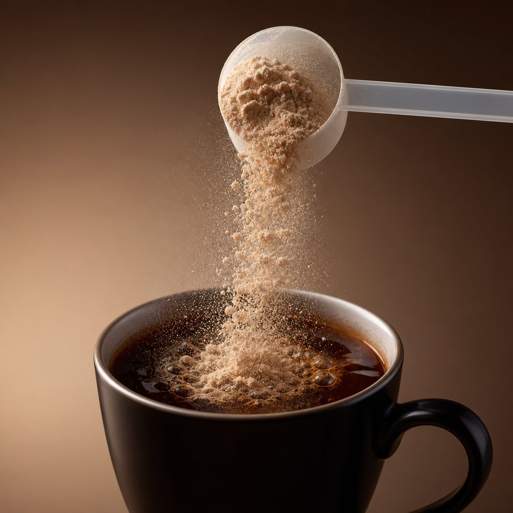 high quality instantized protein powder dissolves smoothly in coffee thanks to fine particle size and lecithin coating