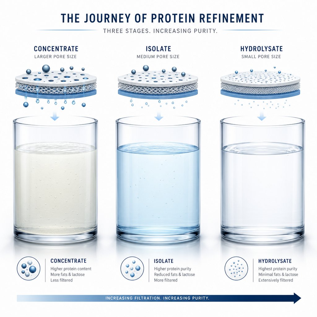 visual representation of protein processing from concentrate to isolate to hydrolysate