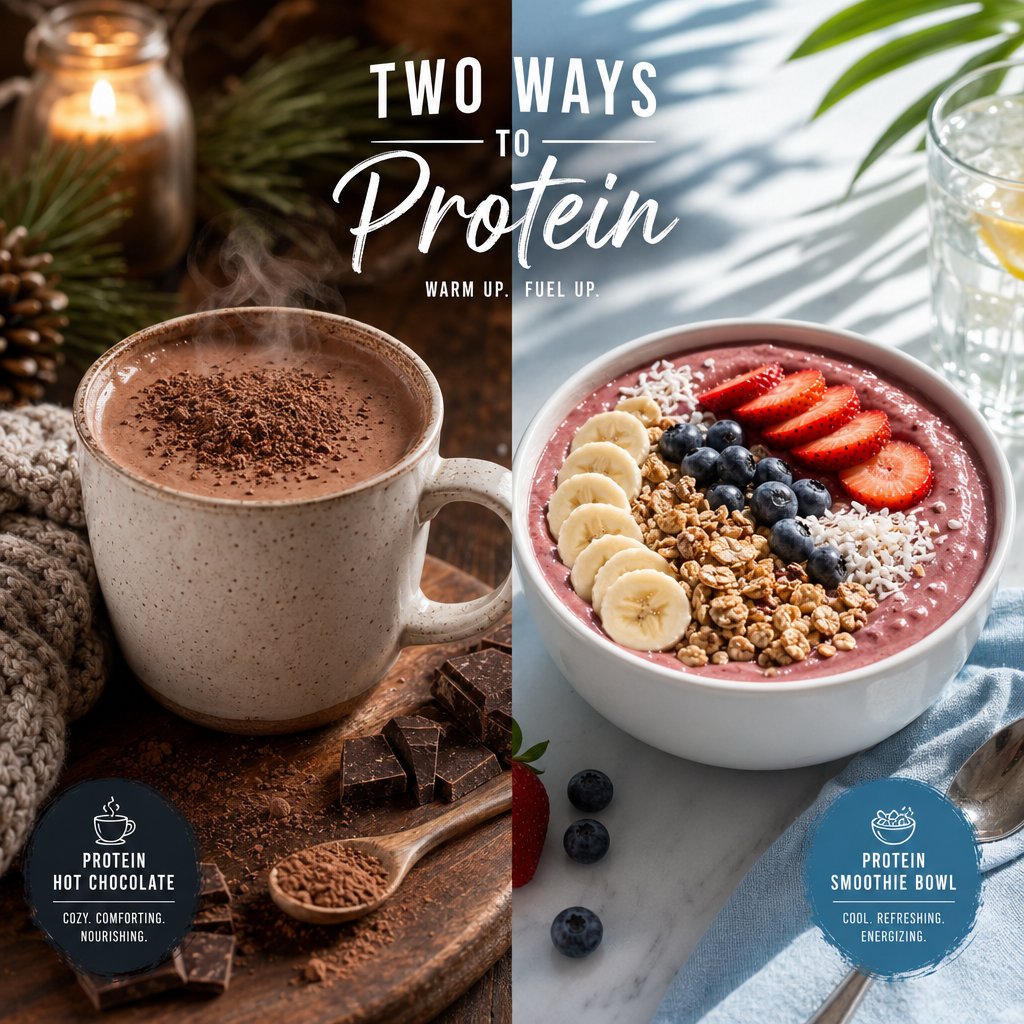 seasonal protein drink options from warm winter hot chocolate to a refreshing summer smoothie bowl
