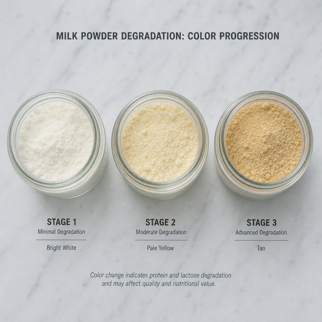 milk powder color changes from white to yellow as chemical degradation progresses over time