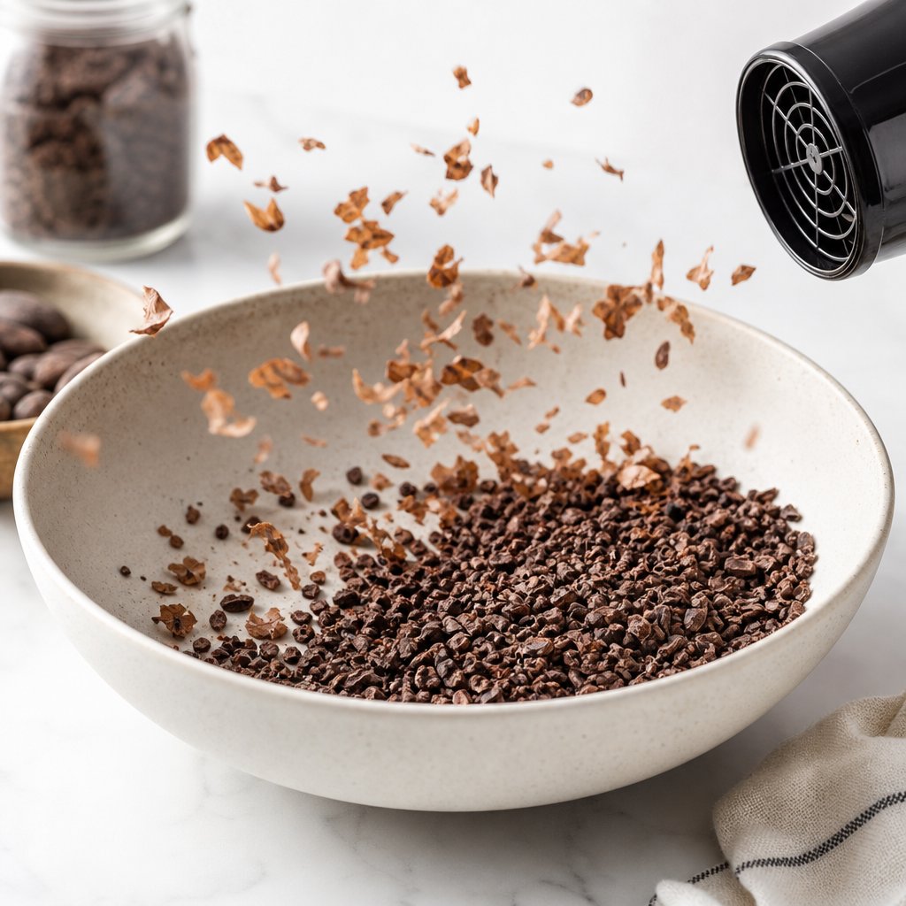 winnowing cacao nibs from lightweight husks using airflow separation