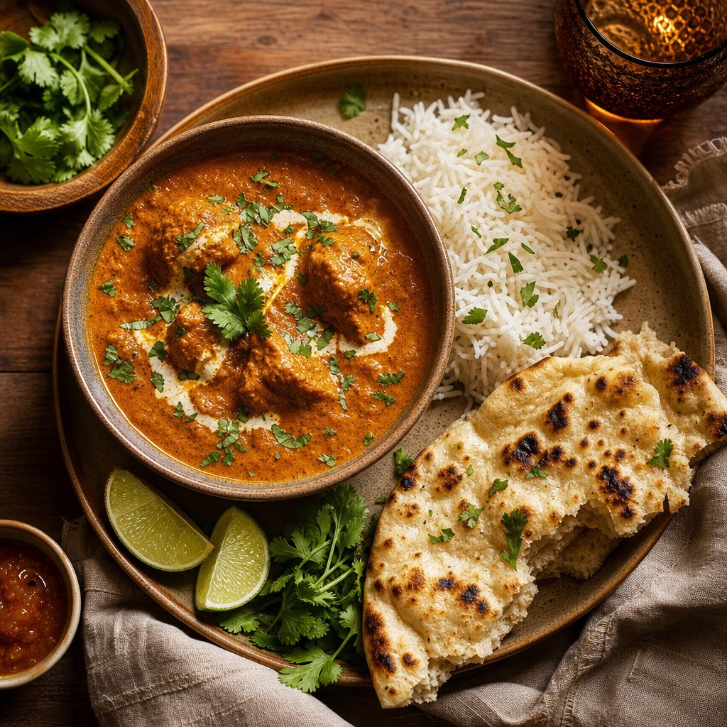 finished curry served with rice and naan ready for a weeknight dinner