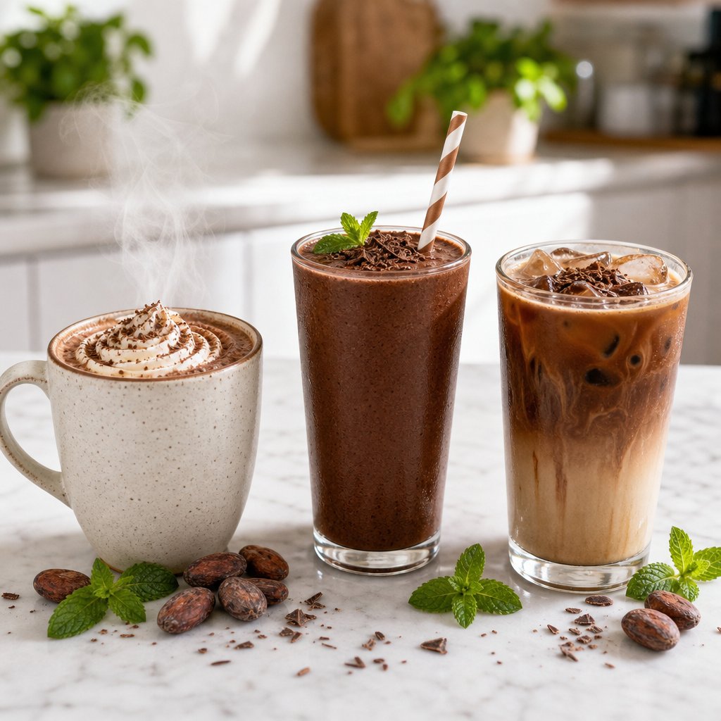 hot cacao chocolate smoothie and iced cacao coffee showing versatile drink preparations