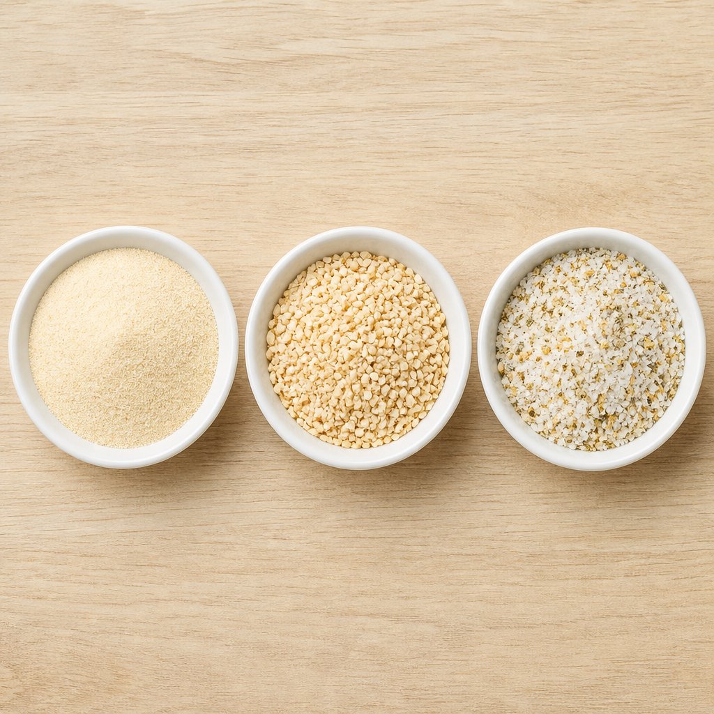 three forms of garlic seasoning showing the texture differences between powder granules and garlic salt