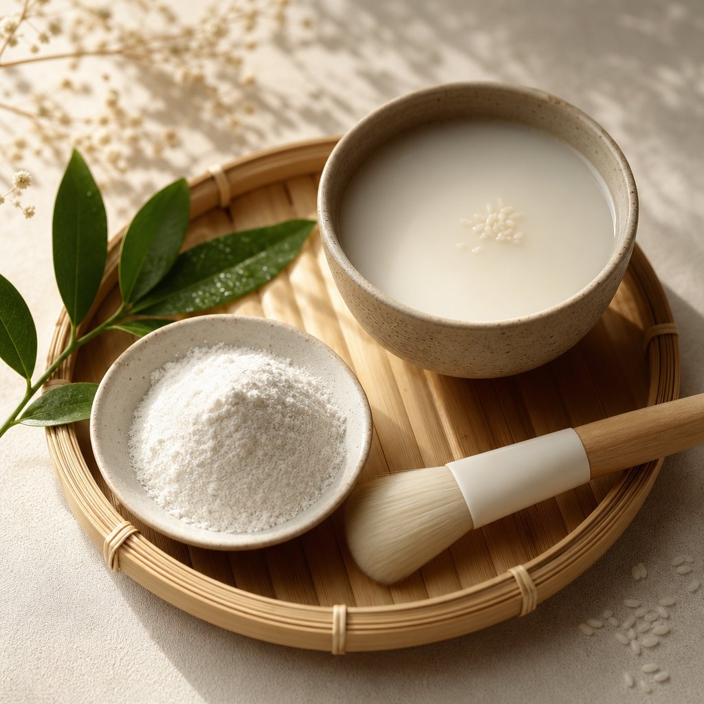 ultra fine rice powder prepared for skincare use alongside traditional rice water in a calming spa setting