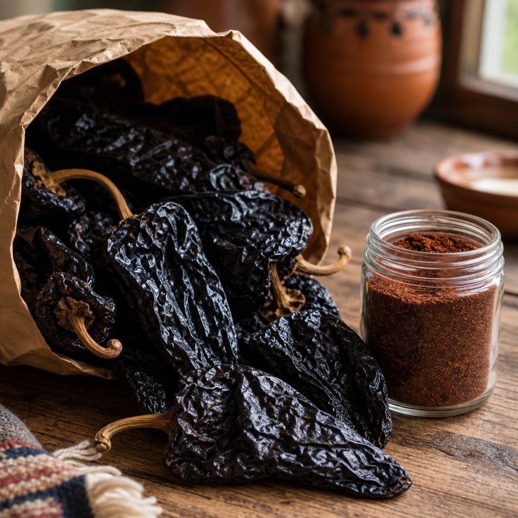 whole dried ancho chiles and a jar of ground ancho powder representing buying options for home cooks