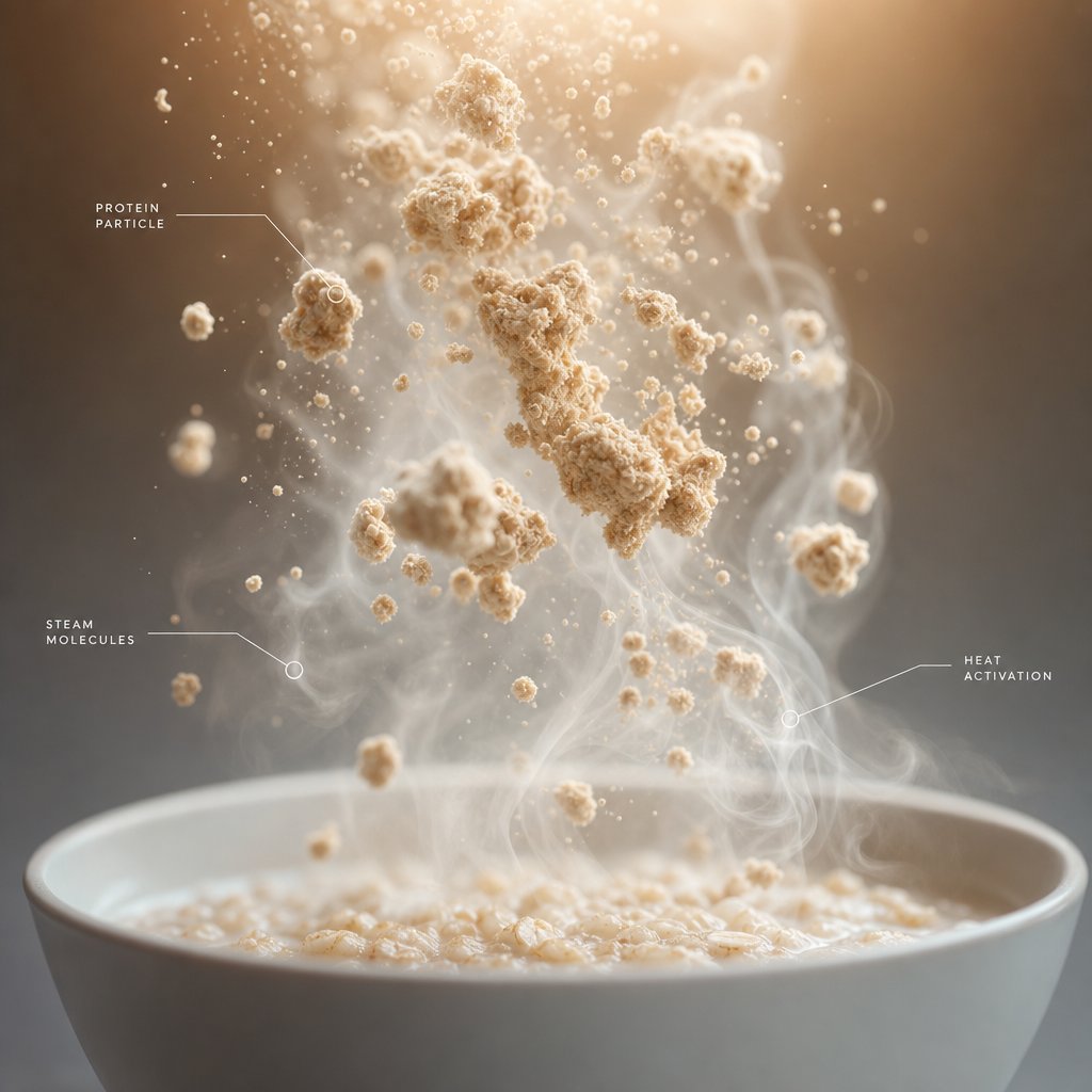 heat causes protein molecules to unfold and clump together which affects texture but not nutritional value