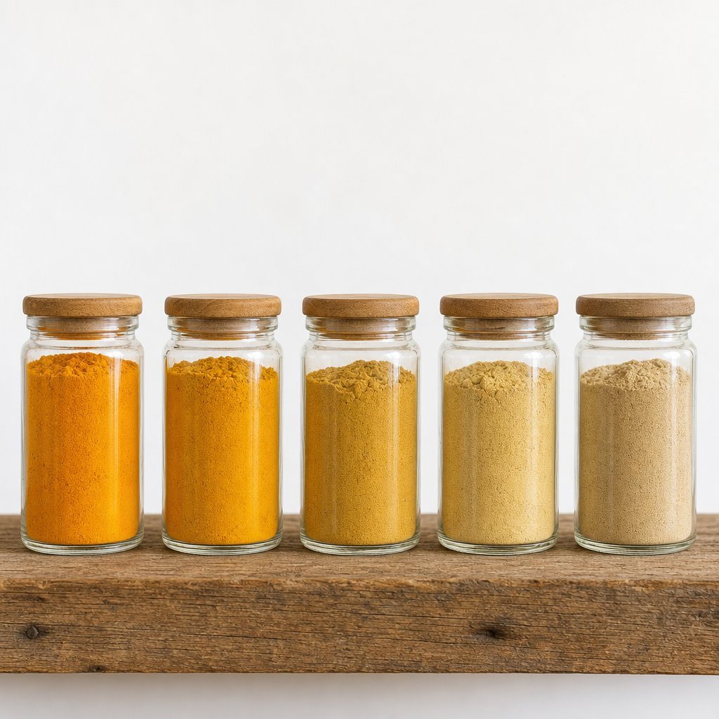 visual timeline showing turmeric powder color fading from vibrant orange gold to dull tan as potency decreases