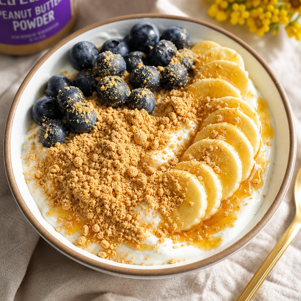 peanut butter powder sprinkled dry over a yogurt bowl with fresh fruit for added flavor without extra liquid