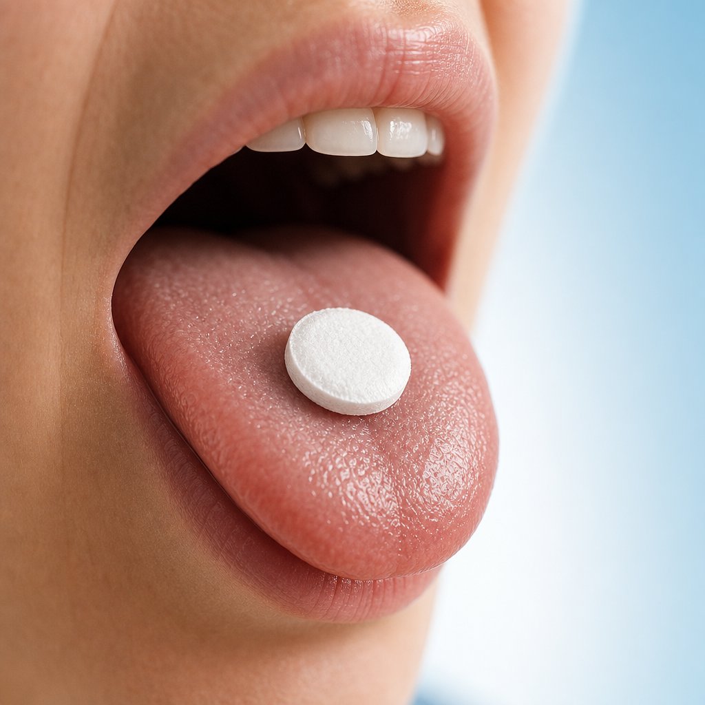 an orally disintegrating tablet placed on the tongue ready to dissolve within seconds without water