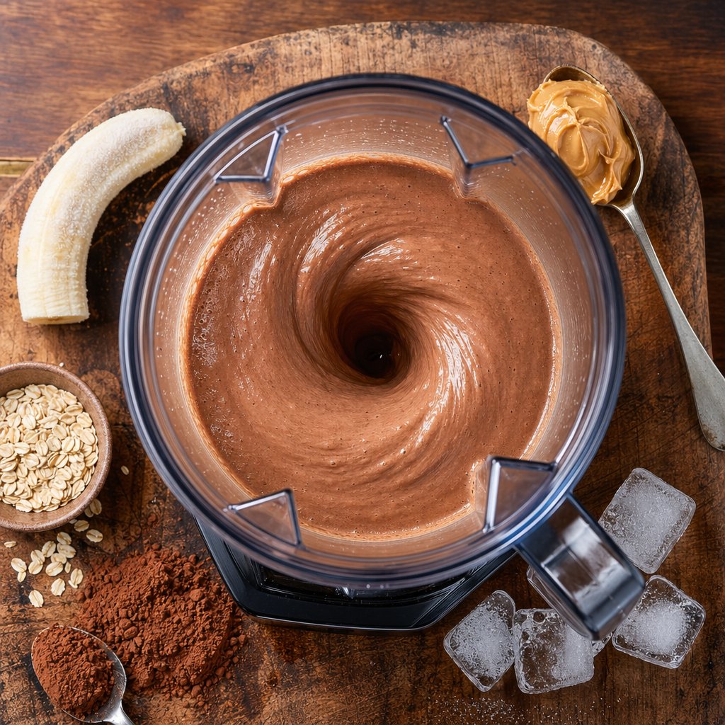 a chocolate peanut butter protein shake being blended with natural flavor boosters like banana nut butter and cocoa