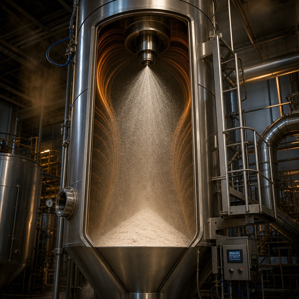 spray drying tower atomizing liquid protein into fine droplets that rapidly dry into powder form