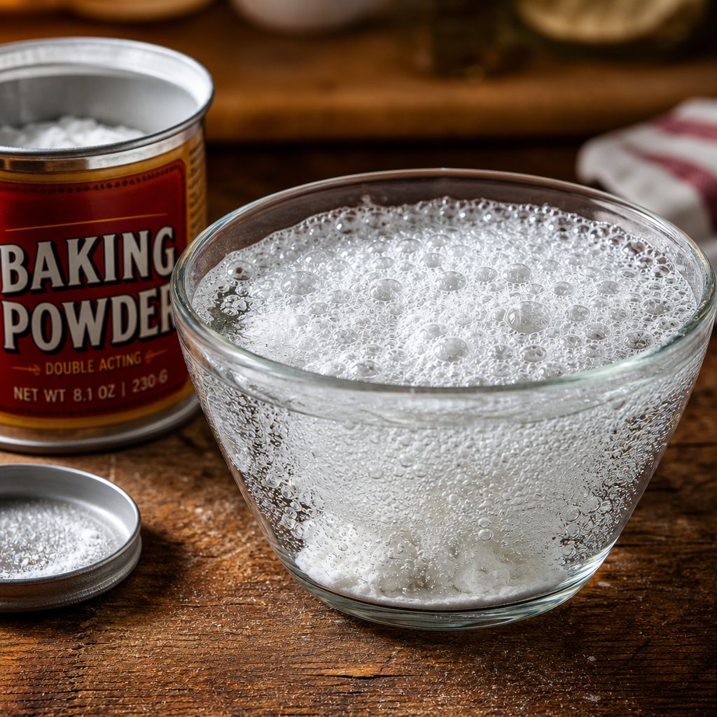 testing baking powder freshness by observing its reaction in hot water