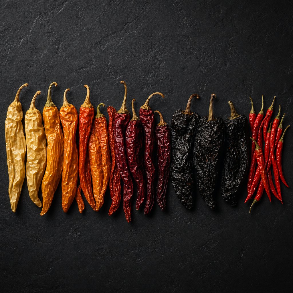 a lineup of chili peppers from mild to hot showing where ancho falls on the heat spectrum