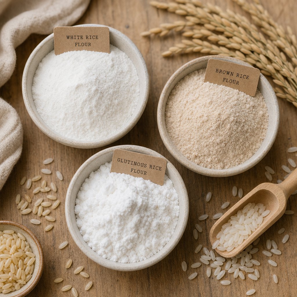 different types of rice powder displayed in ceramic bowls showing the range from white to brown varieties