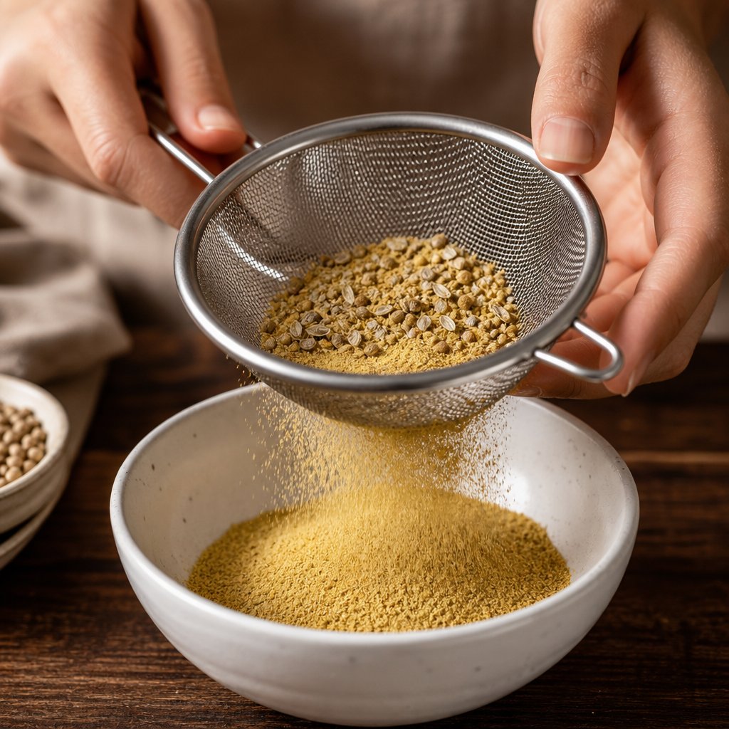 sifting freshly ground mustard powder through a fine mesh strainer separates silky powder from coarse hull fragments