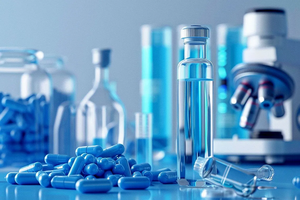 Blue capsules and laboratory vials representing pharmaceutical manufacturing