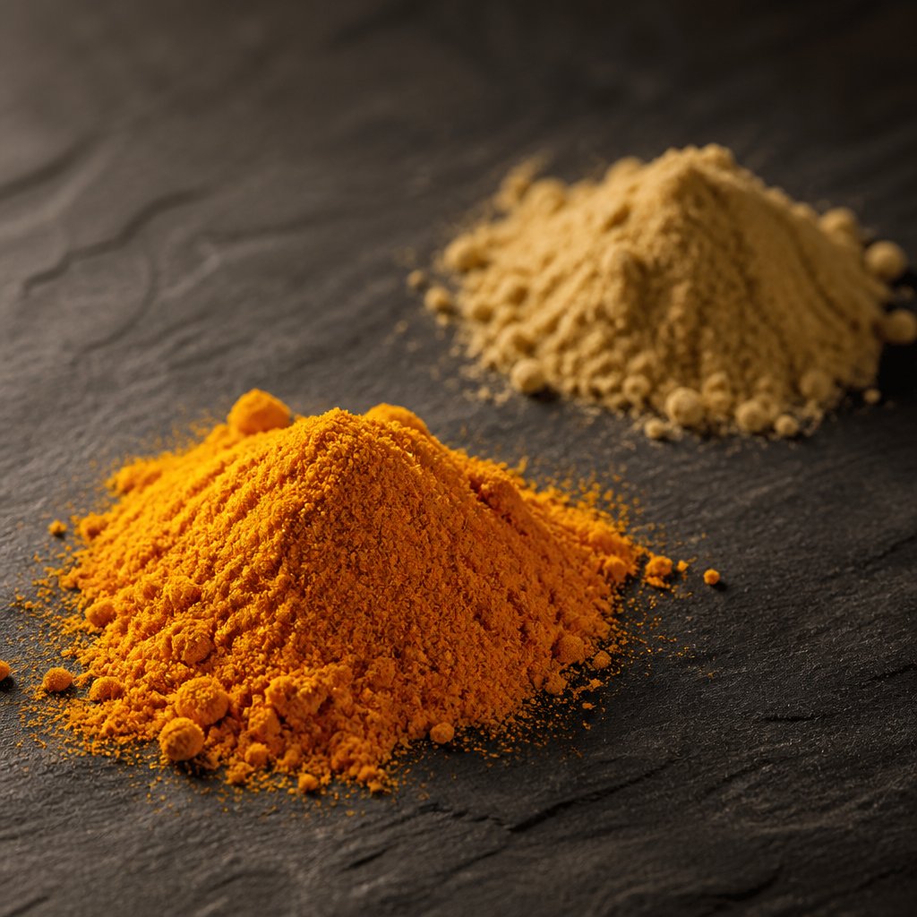 fresh vibrant turmeric powder compared to aged faded turmeric showing visible potency loss over time