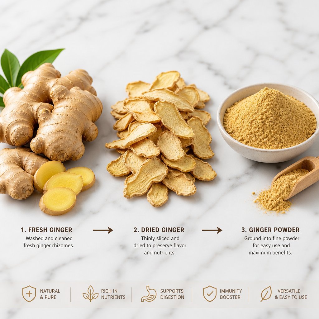 the production journey from fresh ginger rhizome to fine ground ginger powder