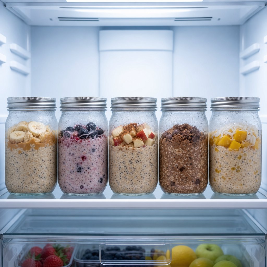 five jars of protein overnight oats prepped for the week and stored in the refrigerator