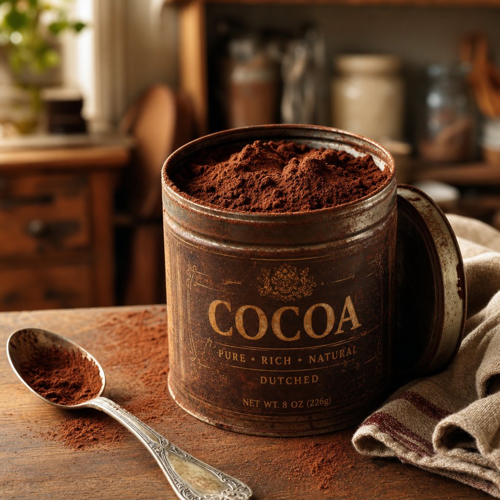 cocoa powder stored in a metal tin on a kitchen counter showing its rich dark color and fine texture