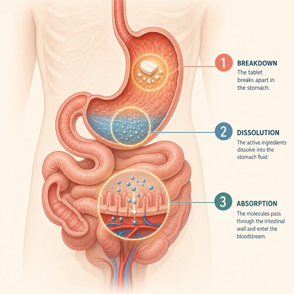 the three phases of tablet digestion occur across the stomach and small intestine as the pill disintegrates dissolves and absorbs into the bloodstream
