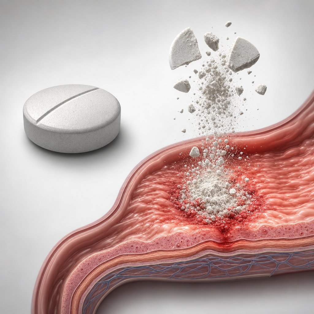 crushing enteric coated tablets exposes the stomach lining to direct drug contact causing irritation