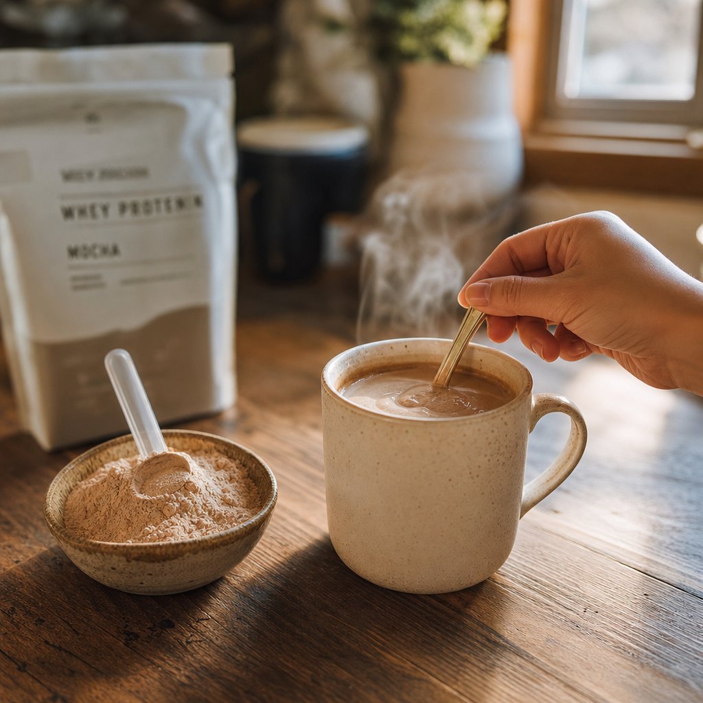 mixing protein powder into hot coffee using the slurry method for a smooth result