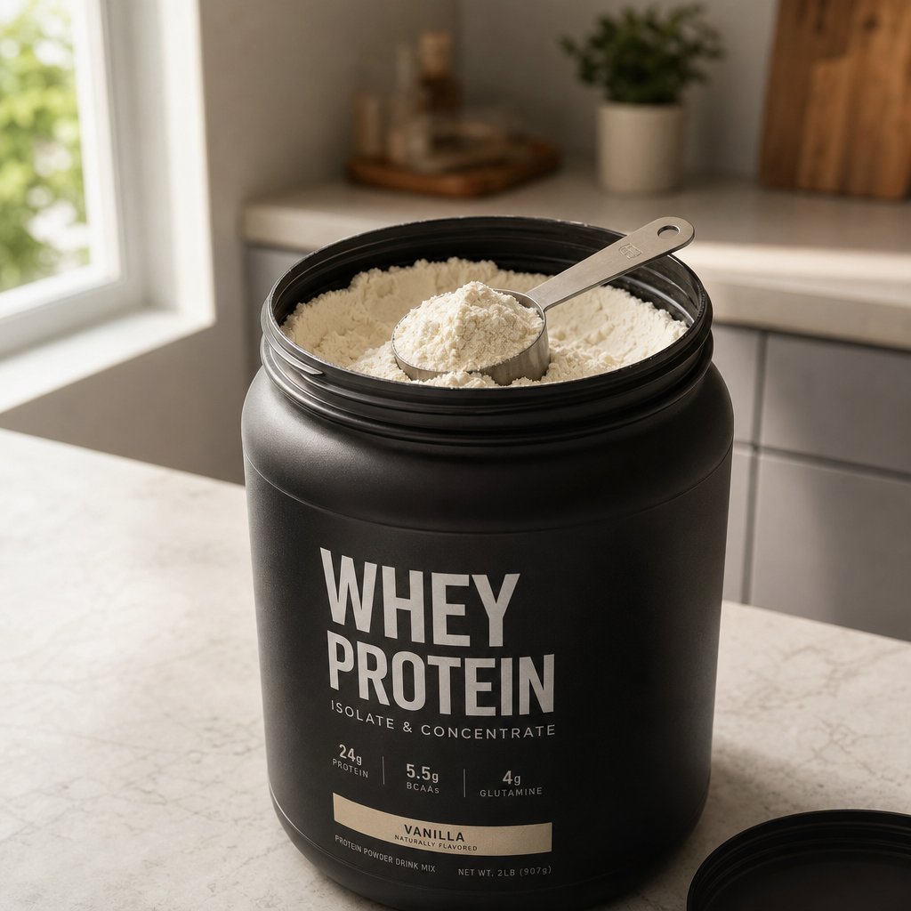 an open tub of protein powder on a kitchen counter representing the common question of whether protein powder expires and how to tell if it is still good