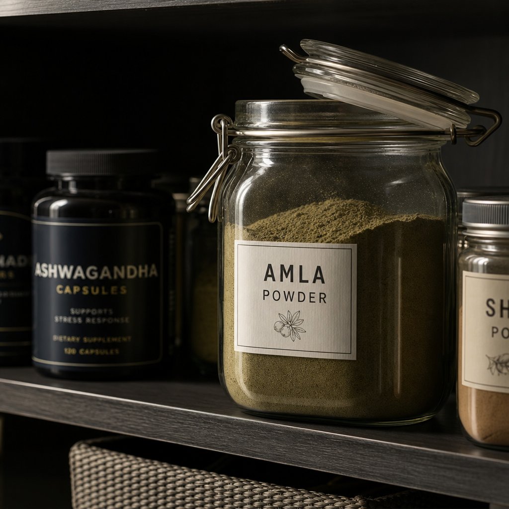 properly stored amla powder in an airtight glass container away from light to preserve freshness and potency