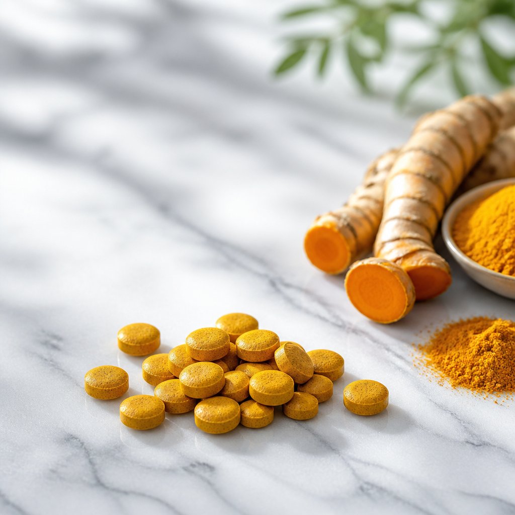 turmeric tablets alongside fresh turmeric root showing the journey from natural spice to convenient supplement form
