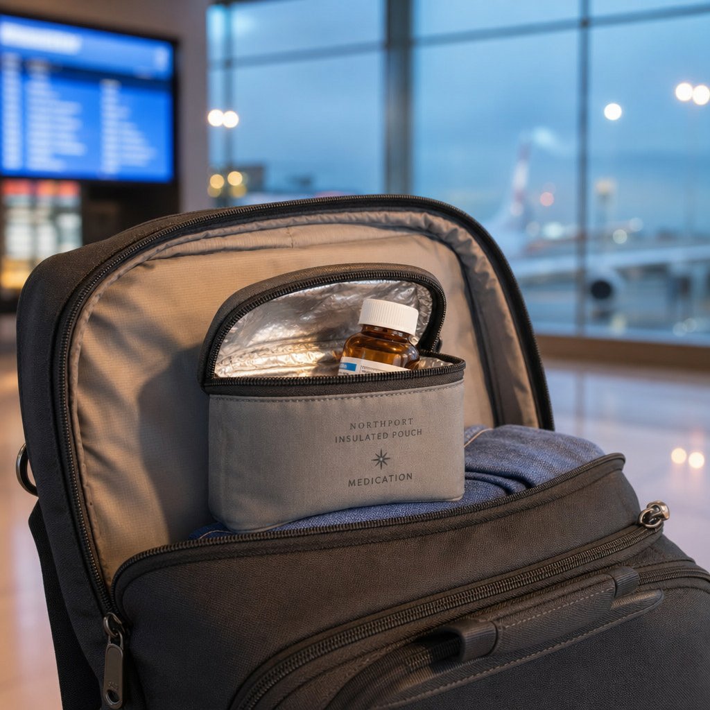 insulated medication pouch in carry on luggage for safe nitroglycerin storage during air travel and hot weather